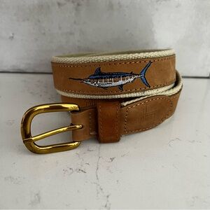 GUY HARVEY Men’s Belt Marlin Embroidered Brown Leather w/ Brushed Gold Buckle 42